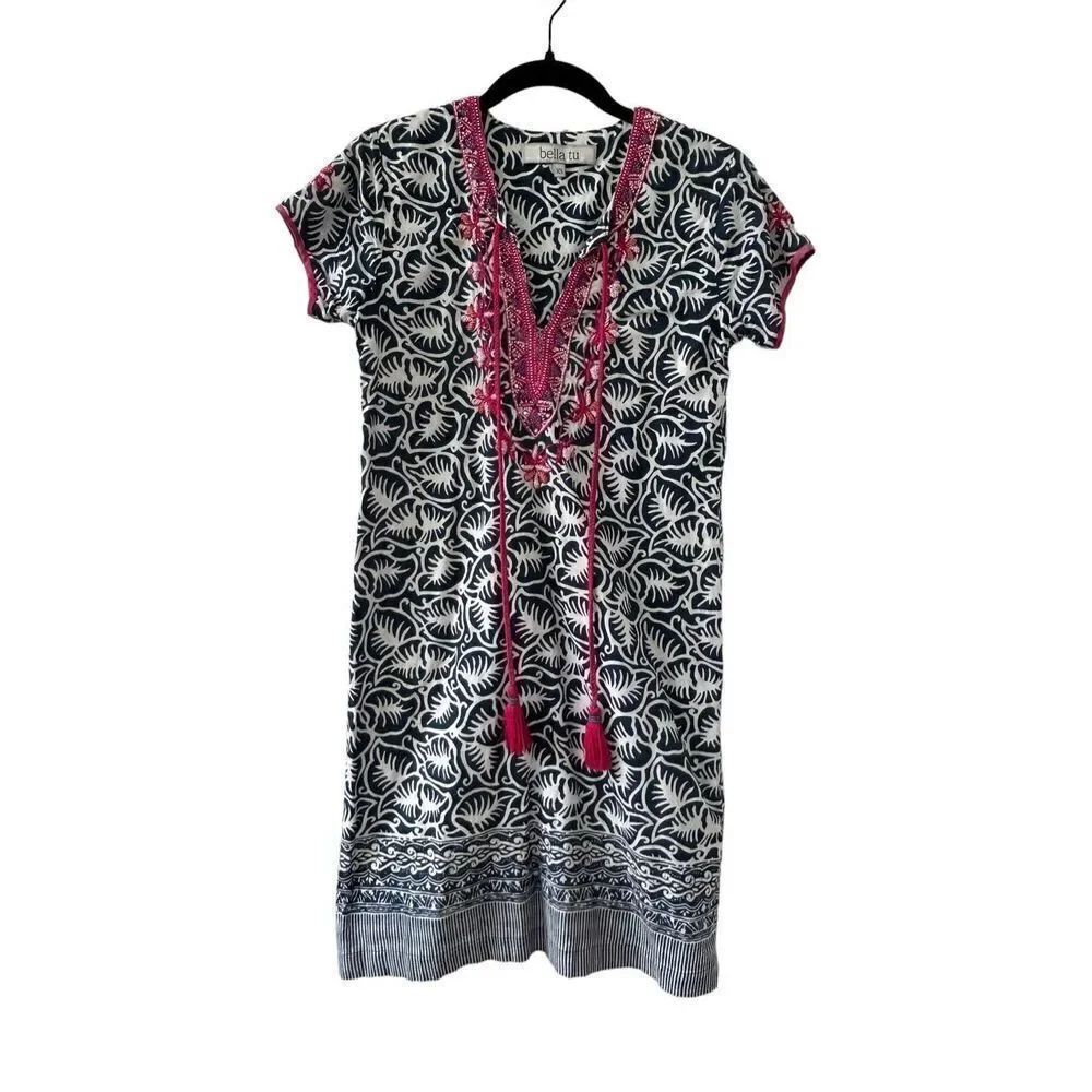 Bella Tu Women's Indigo/Pink Short Sleeve Embellished Erin Shift Dress Size XS